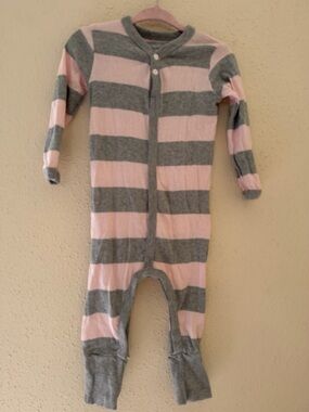 Burt's Bees Baby Girl Size 6-9M Pink and Gray Striped One Piece Jumpsuit